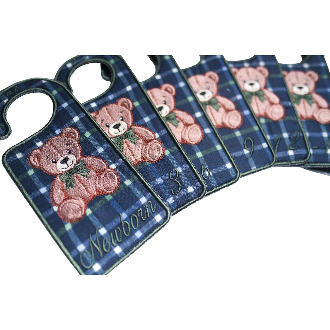 Embroidered teddy bear baby closet dividers designed to organize clothes from newborn to 24 months. A timeless nursery essential and perfect baby gift.