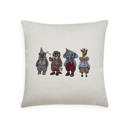 Decorative pillow with embroidered animal characters on a white background